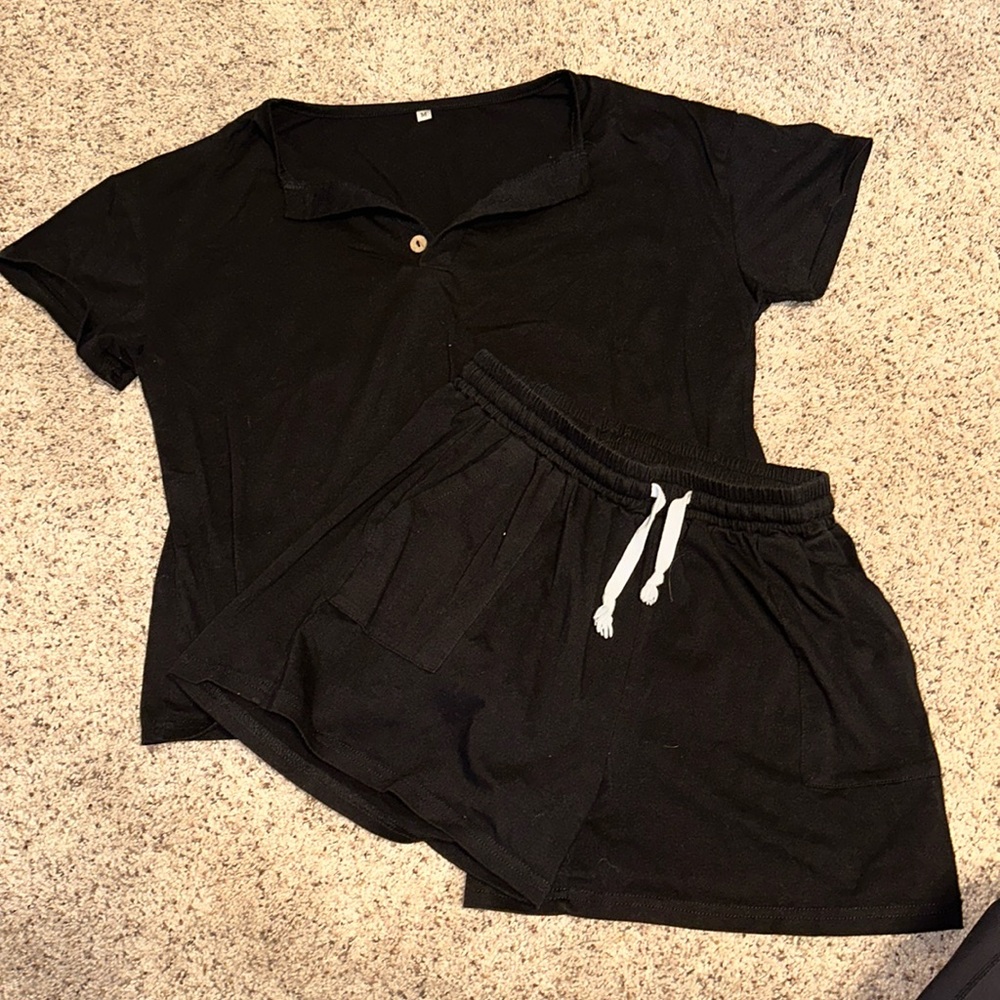 Black cotton, shirt/ short lounge set
